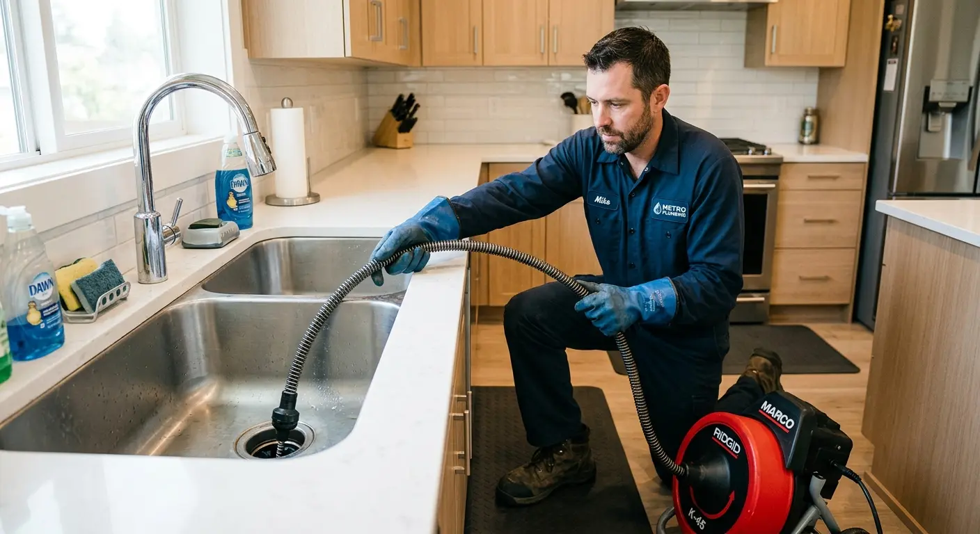 Drain cleaning technician using a motorized snake on a kitchen sink in Port LaBelle