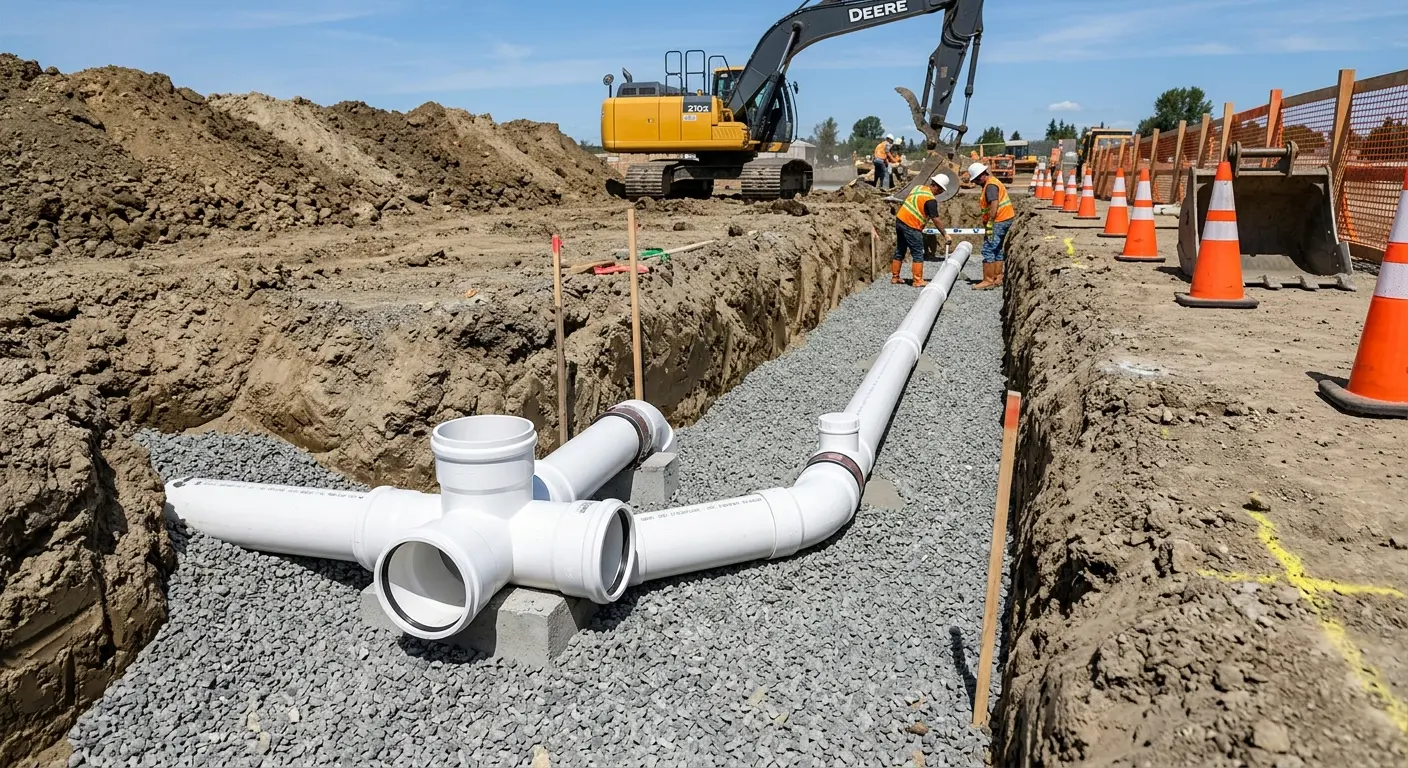 New PVC sewer pipe installation in open trench for Sewer Backup in Port LaBelle