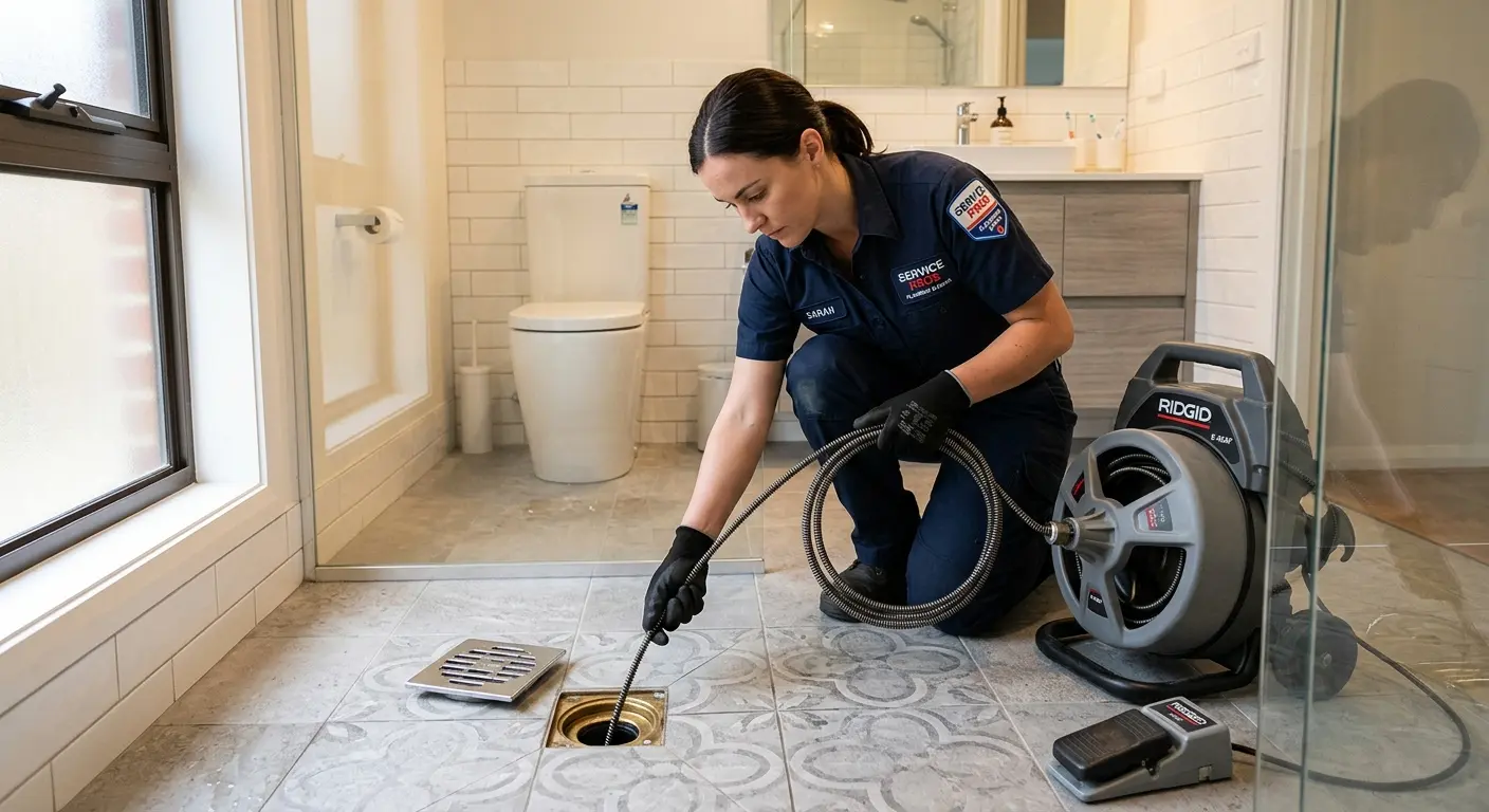 Technician clearing a bathroom floor drain for Drain Repair in Port LaBelle